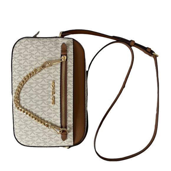 Michael Kors Crossbody Bag Jet Set Large Leather MK print logo Vanilla - Picture 11 of 11